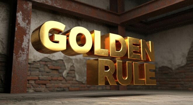 Majestic Golden Rule 3D Text Floating in Grungy Industrial Setting with Dust Particles