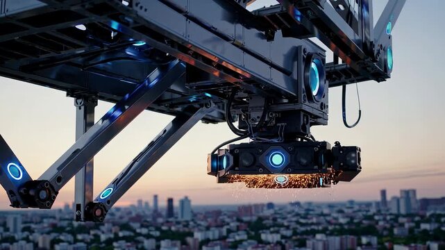 Close-up futuristic high-tech drone equipped with advanced camera stabilizer hovering above city skyline at sunset, innovative aerial technology concept