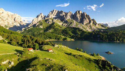 Scenic alpine lake nestled amidst verdant hills and majestic mountain peaks