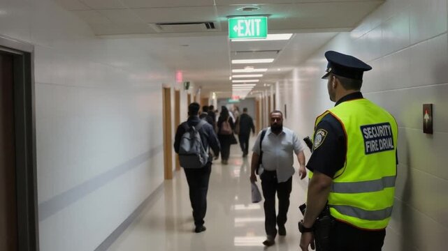 Security guard in high-visibility vest monitors people walking down a brightly lit, modern office building hallway with an illuminated exit sign overhead.