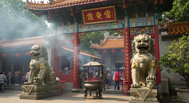 Traditional Chinese Temple Entrance with Stone Lions and Decorative Gate