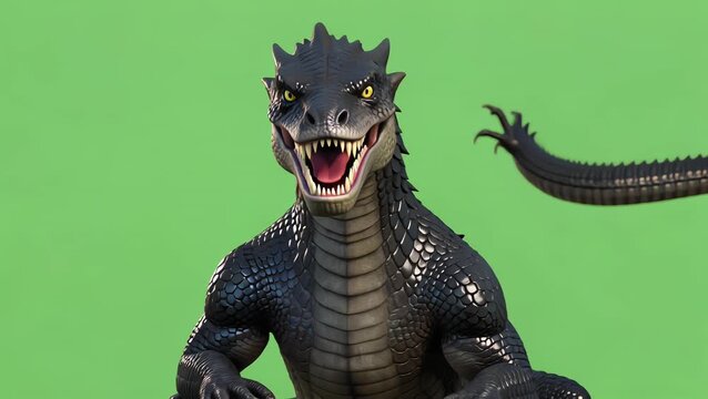 a ferocious black dragon with yellow eyes roaring on a green screen background