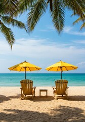 Obraz premium Beach Chairs with Yellow Umbrellas Under Palm Trees on Sandy Shore