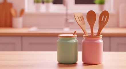 Pastel Kitchen Scene: Bamboo Utensils in Soft Pink and Mint Green Jars