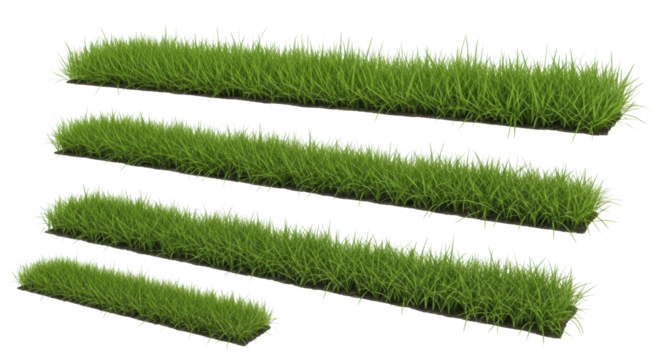 Four distinct horizontal strips of lush, vibrant green grass with fresh blades of varying heights and textures, isolated on a pristine transparent studio background, ultra-photorealistic macro