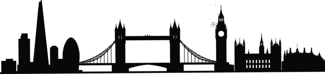 London City Skyline Silhouette, Famous Landmarks Illustration, Tower Bridge, Big Ben, Urban Landscape Vector, Black Cityscape Isolated, United Kingdom Iconic Architecture Art