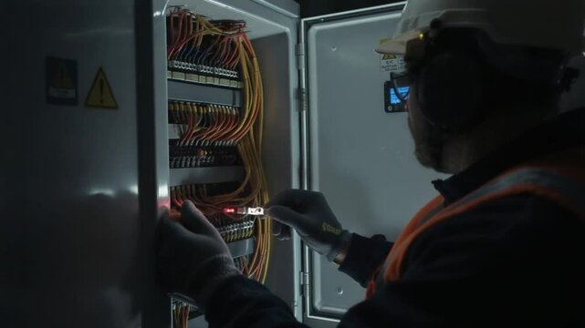 Electrician in hard hat and safety vest working on electrical panel with colorful wires, checking connections in a dark environment.