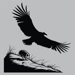 Vulture flying low near carcass silhouette vector design art and illustration