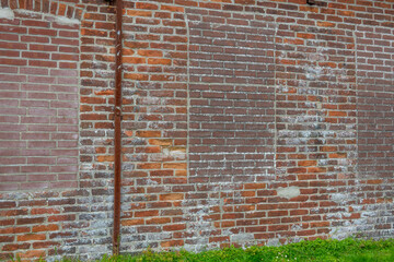 Rusty drainpipe running down old brick wall with patches and green grass