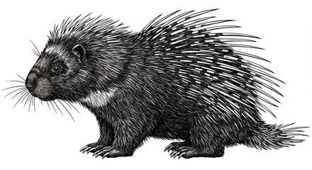Detailed Etching Porcupine Showing Defensive Quill Display