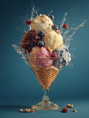 Colorful ice cream cone with splashes on blue background  