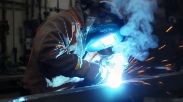 A welder in protective gear works on metal, sparks and smoke fill the air.