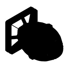 Black silhouette of a retro-style atomic bomb in isometric view, isolated on white background. Vintage military aesthetic with clean lines and minimalist design.