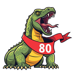 A friendly green reptile celebrates a milestone birthday with a red banner displaying a large numeric value.