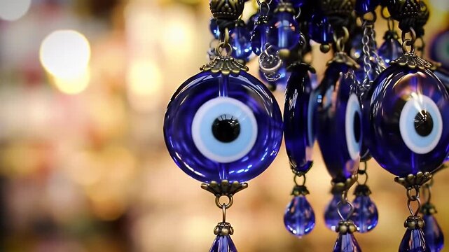 Close Up of Hanging Blue Glass Eye Charms with Blurred Warm Background Lights for Decorative Design