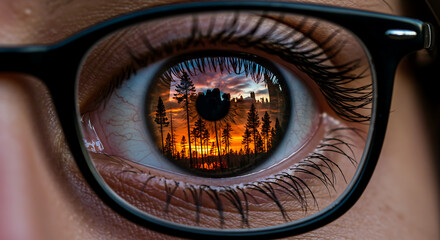 Enchanting reflection of a vibrant forest sunset captured within the intricate detail of a human eye