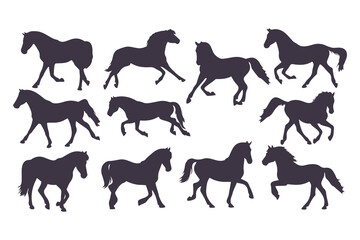 Set of Horse Silhouettes Vector Illustration, Collection of Running and Standing Horses, Black Animal Icons Isolated on White Background