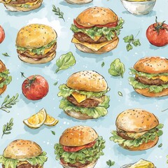 Watercolor Illustration Seamless Pattern Featuring Delicious Burgers and Fresh Ingredients on Blue Background