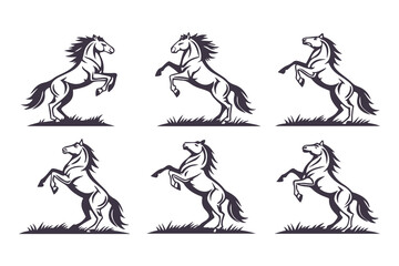 Set of Horse Silhouettes Vector Illustration, Collection of Running and Standing Horses, Black Animal Icons Isolated on White Background