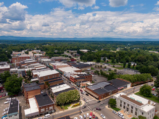 Obraz premium Day Time Drone Images of Downtown Mount Airy, North Carolina. This Town Served As The Inspiration For Mayberry On The Andy Griffith Show: Travel, Tourism, Outdoors