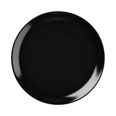 A pristine, empty, perfectly round jet-black plate with a smooth, highly polished, glossy surface and elegant curve, isolated on a transparent studio background with bright, shadowless lighting,