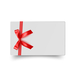 Gift card with realistic red bow Vector illustration