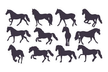 Set of Horse Silhouettes Vector Illustration, Collection of Running and Standing Horses, Black Animal Icons Isolated on White Background