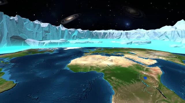 Illustration of earth from space with icy cliff and flat map projection in starry night sky