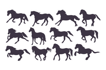 Set of Horse Silhouettes Vector Illustration, Collection of Running and Standing Horses, Black Animal Icons Isolated on White Background