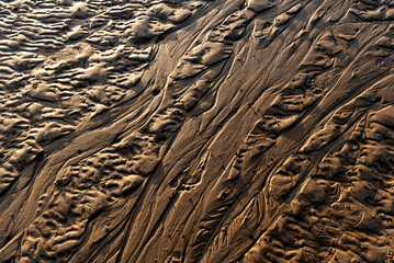 Detailansicht des Watts bei Niedrigwasser bzw. Ebbe mit Fußspuren und Abflussrinnen des Meerwassers bei schrägem Sonnenlicht
