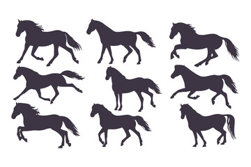 Set of Horse Silhouettes Vector Illustration, Collection of Running and Standing Horses, Black Animal Icons Isolated on White Background