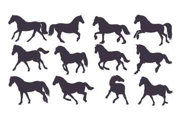 Set of Horse Silhouettes Vector Illustration, Collection of Running and Standing Horses, Black Animal Icons Isolated on White Background