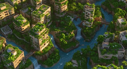 Verdant Overgrown Building Cityscape with Waterfalls and Lush Vegetation