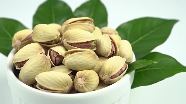 Pile of Pistachios in White Bowl with Green Leaves on White Backdrop Nutrition and Health Focus