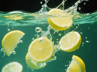 Sliced Lemons Splashing in Water with Bubbles
