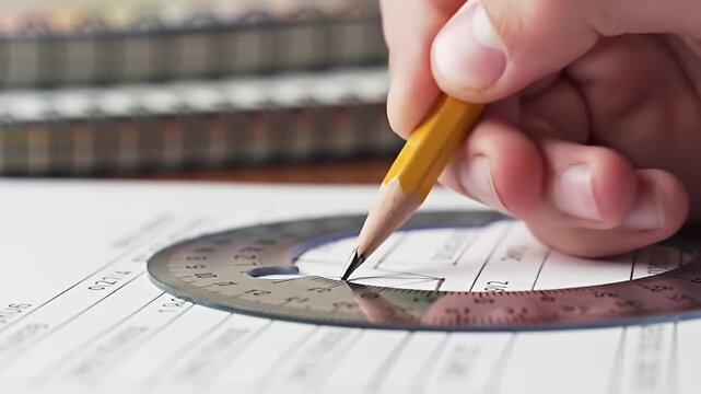 Hand uses yellow pencil and protractor on paper filled with numerals, drawing lines