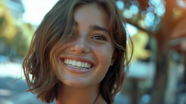 A young woman with freckles smiling at the camera. Her hair is cut short, and she has a joyful expression.