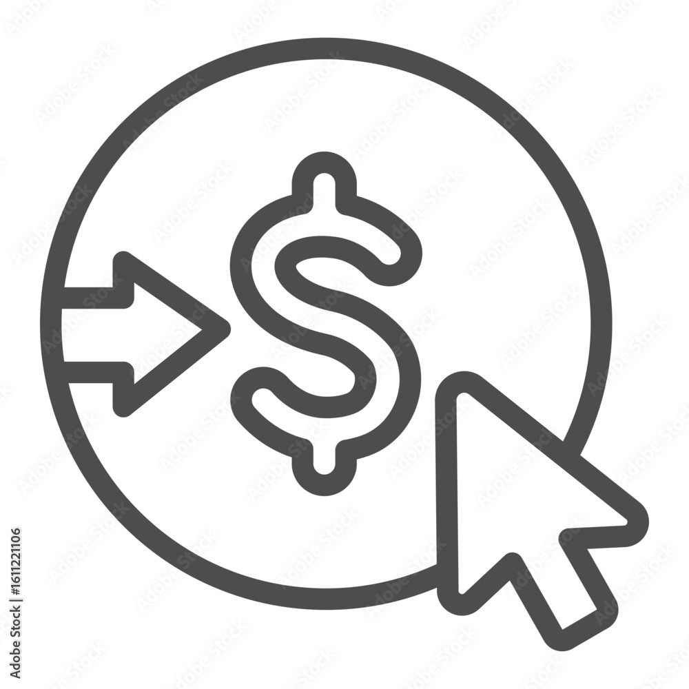 Aufkleber coin with dollar and mouse pointer line icon, osint analytics concept. vector graphics. choosing cur