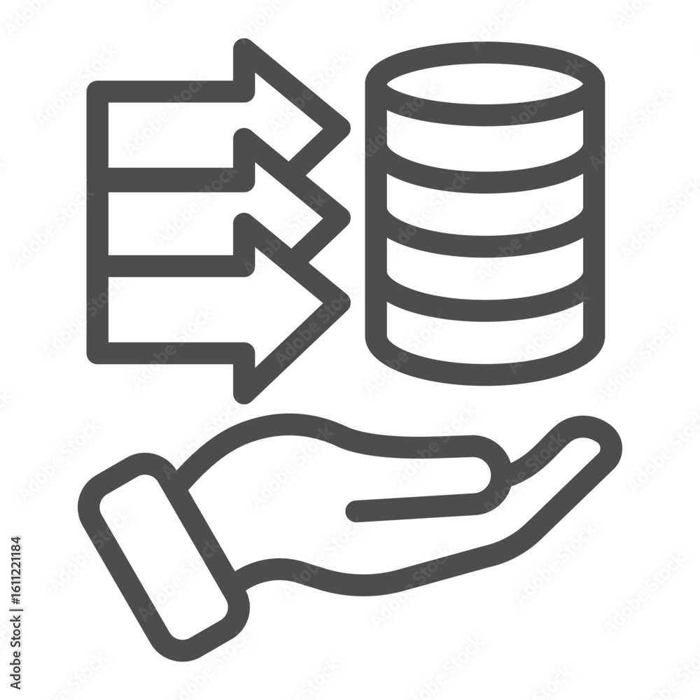 Poster Storing open source info line icon, osint analytics concept. Vector graphics. Disks data array with arrows and hand sign on white background, outline style icon for mobile or web design.