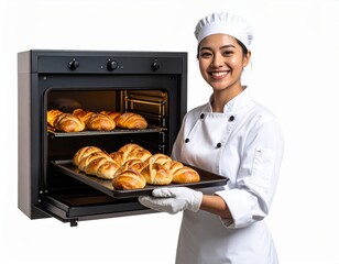 A smiling female baker in a white chef uniform proudly presents a tray of freshly baked golden brown croissants from a professional oven against a bright white background.