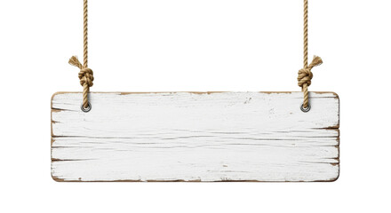 Rustic white wooden plank sign hanging from ropes isolated PNG with Transparent Background