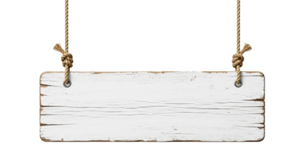 Rustic white wooden plank sign hanging from ropes isolated PNG with Transparent Background
