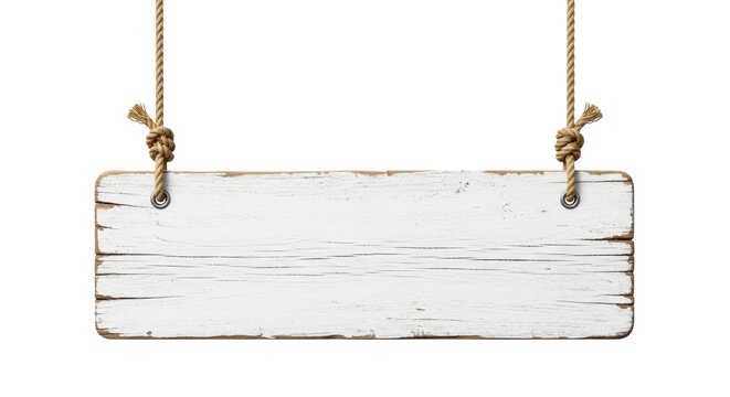 Rustic white wooden plank sign hanging from ropes isolated PNG with Transparent Background