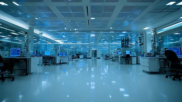 Cleanroom environment in modern laboratory with futuristic technology for production