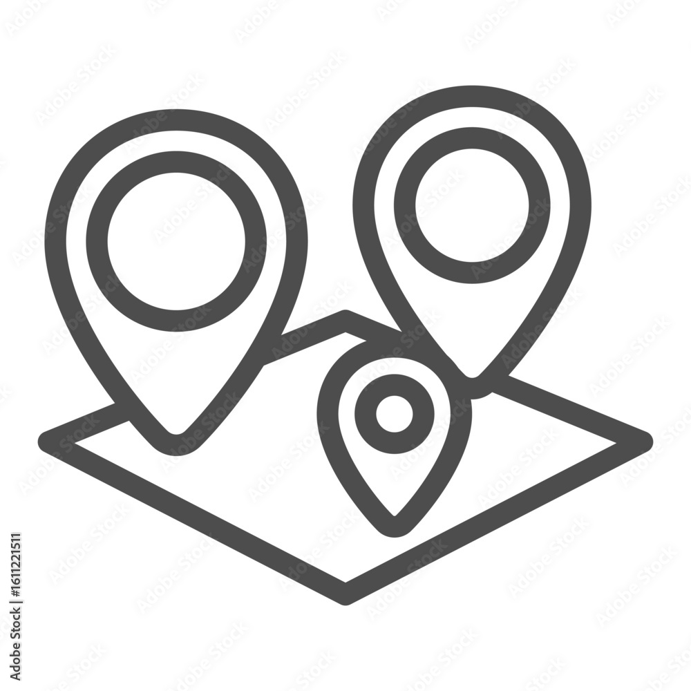 Poster isometric map with three location pins line icon, info tech concept. vector graphics. map metrics, a