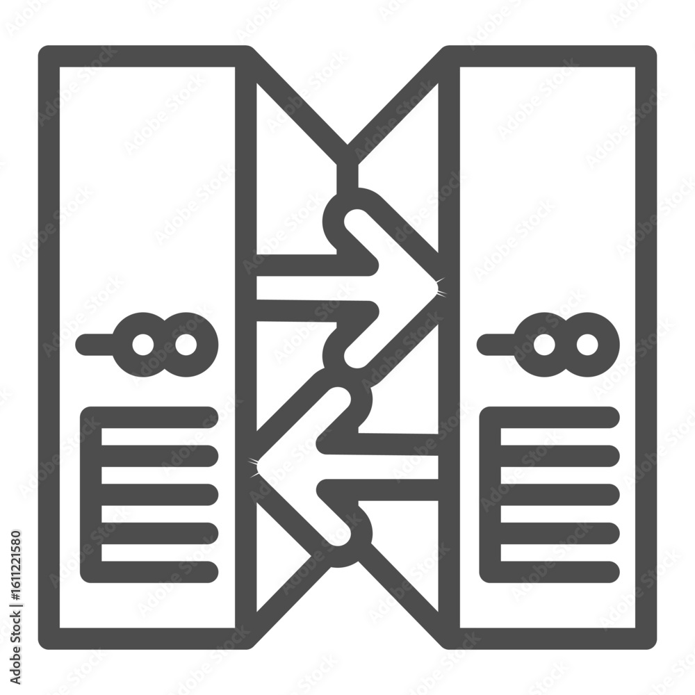 Poster two servers line icon, info tech concept. vector graphics. computer cases with arrows between, data 