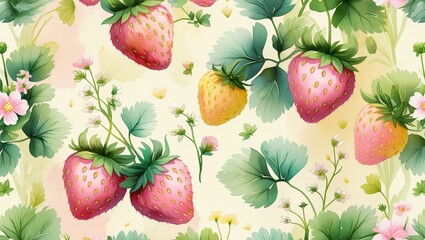 Obraz premium Seamless pattern of wild strawberries, flowers, and leaves in a soft watercolor style on pale cream background