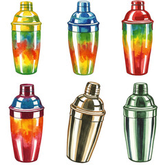A vibrant collection of watercolor illustrated beverage shakers showcasing diverse designs and colorful drink preparations.