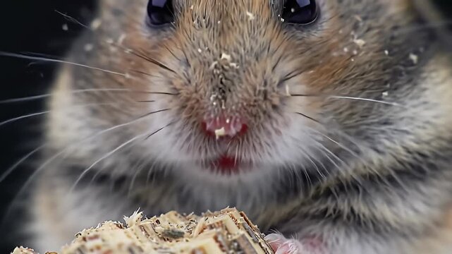 Close-up view of a small, furry rodent munching on a wooden snack