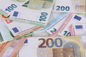 close-up of a pile of colorful different euro notes